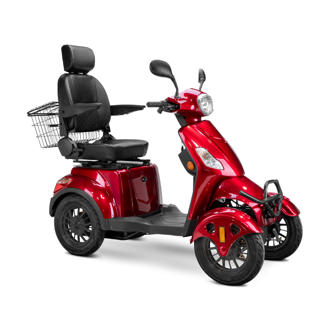 The Bespoke Prestige Recreational 4-Wheel Scooter features a powerful 600-watt motor, a black cushioned adjustable seat with armrests and headrest, metal rear basket, handlebars with mirrors, and comes in red.
